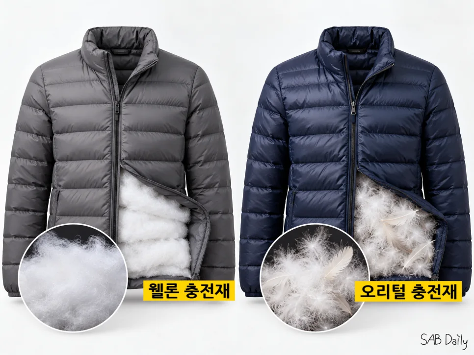 경량패딩 웰론 오리털 차이와 충전재별 보온성 비교